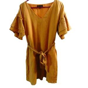 Petal Roz Women's Large Dress Cotton Belted Lined Short V-Neck Peasant